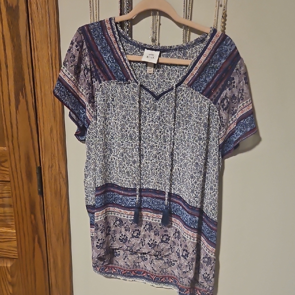 Notations Navy and Light Blue Floral Tie-Front Boho Blouse